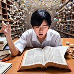 **A student studying Japanese grammar, confused by the 'wa' (は) and 'ga' (が) particles, surrounded by textbooks and notes.** (This visualizes the initial confusion about particles.)