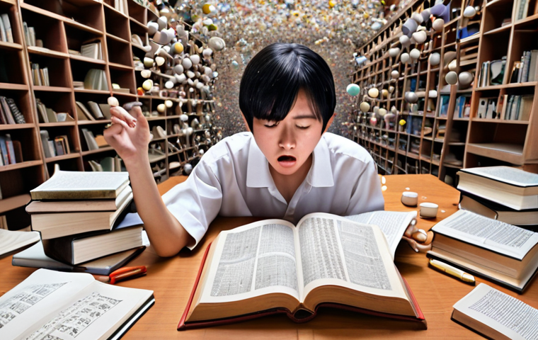 **A student studying Japanese grammar, confused by the 'wa' (は) and 'ga' (が) particles, surrounded by textbooks and notes.** (This visualizes the initial confusion about particles.)