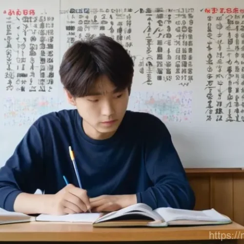 Home 14 일본어 문법 혼동 - **Struggling with Japanese Grammar:** A focused yet slightly bewildered young adult, aged 19, sits a...