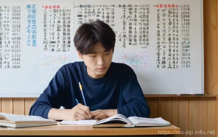 일본어 문법 혼동 - **Struggling with Japanese Grammar:** A focused yet slightly bewildered young adult, aged 19, sits a...