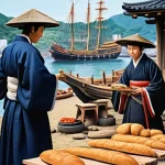 일본어의 외래어 유입 역사 - **Prompt 1: Early European Influence in Japan**
A bustling 16th-century Japanese port scene. In ...