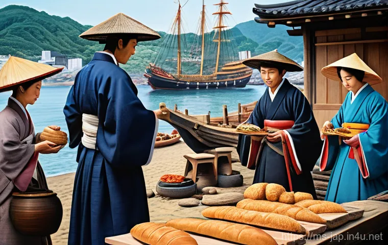 일본어의 외래어 유입 역사 - **Prompt 1: Early European Influence in Japan**
A bustling 16th-century Japanese port scene. In ...